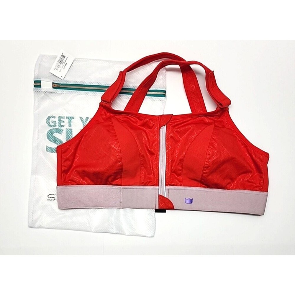 SHEFIT Red Front-Zip Cross-Back Sports Bra with Pink Band - Picture 4 of 8